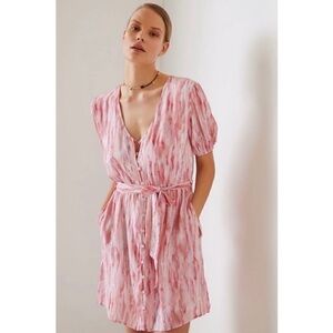 Anthropologie Cloth & Stone Watercolor Button Front Mini Dress Pink Sz Large